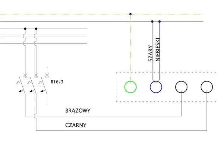 Schemat podłączenia płyty indukcyjnej 3 fazowej. Widać zabezpieczenia B16/3, przewody PE, N, L1, L2, L3 oraz oznaczenia kolorów.