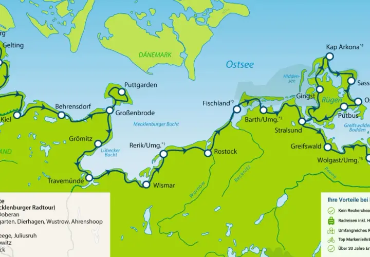 Karte der Mecklenburgischen Radtour von der Ostseeküste bis nach Rügen.