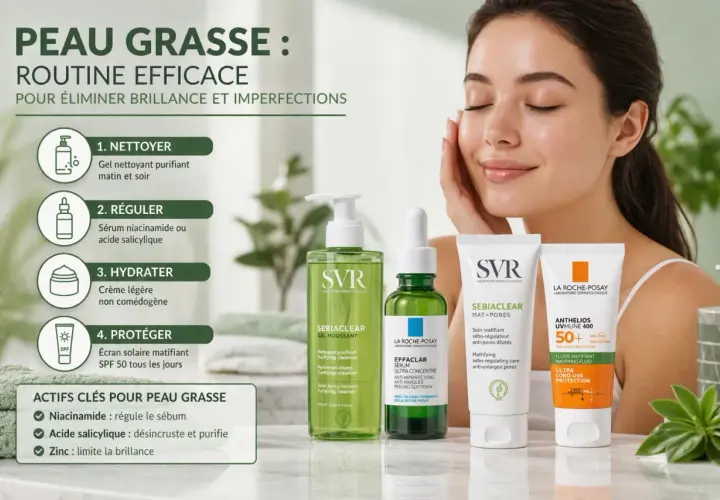 Routine pour peau très grasse : nettoyage, régulation avec sérum, hydratation légère et protection solaire matifiante.