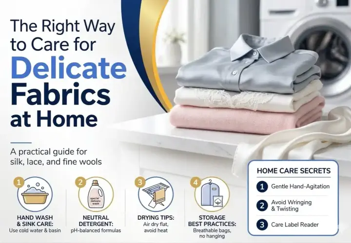A stack of folded delicate fabrics, including a silk shirt, lace, and soft wool, are shown with tips on how to care for them at home.