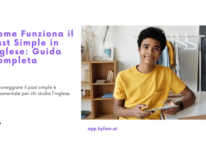Ragazzo sorridente con tablet, impara il past simple in inglese. Guida completa per padroneggiare il tempo verbale.