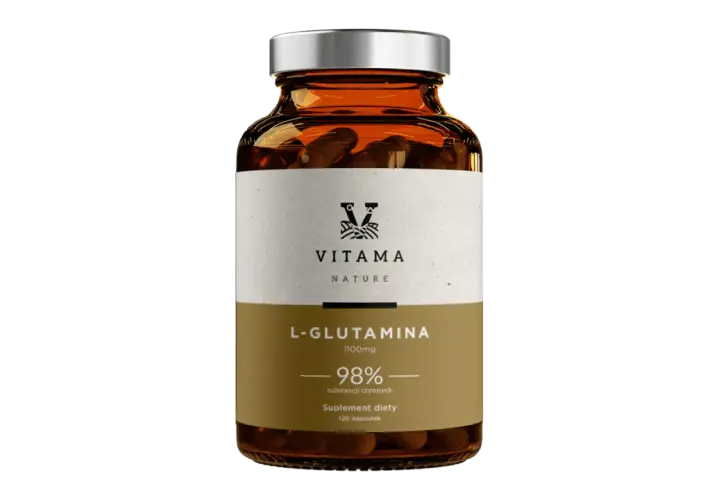 Butelka suplementu diety L-Glutamina 1100mg. Glutamina co to? To aminokwas wspierający regenerację. 120 kapsułek.