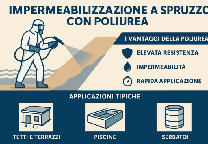 Un operatore in tuta protettiva esegue l'impermeabilizzazione tetti a spruzzo con poliurea, garantendo resistenza e rapidità.