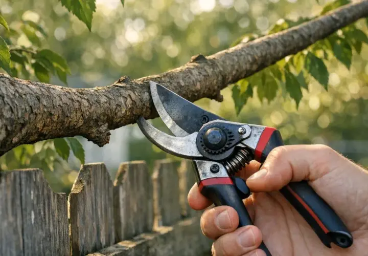 Main tenant, mon voisin refuse de couper ses branches. Une main tient un sécateur prêt à tailler une branche d'arbre au-dessus d'une clôture en bois.