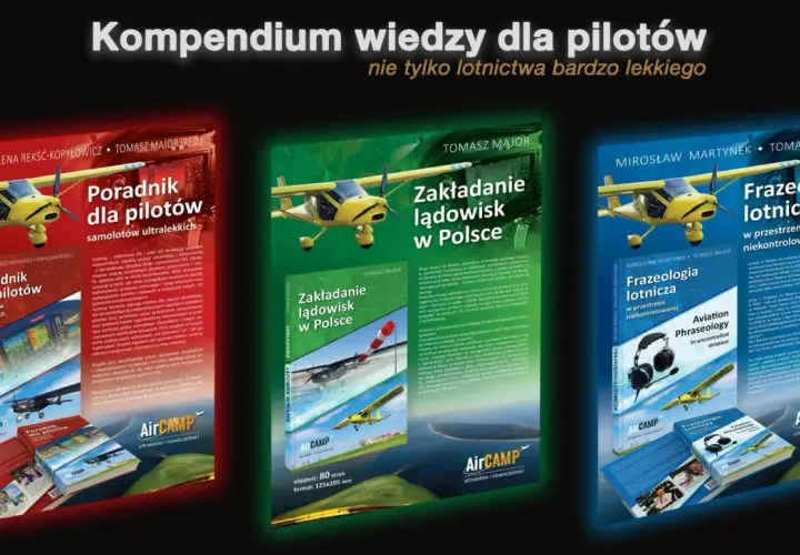 Trzy książki o samolotach: "Poradnik dla pilotów", "Zakładanie lądowisk w Polsce" i "Frazeologia lotnicza".