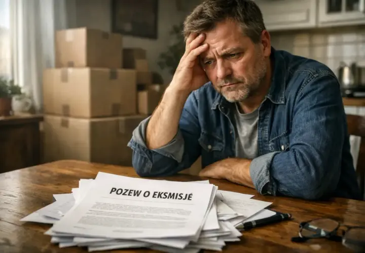 Zmartwiony mężczyzna z dokumentem "Pozew o eksmisję" przed sobą. W tle piętrzą się kartony, sugerując trudną sytuację rodziny z dziećmi.