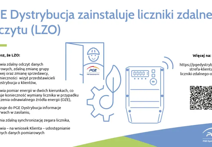 Ilustracja przedstawia schemat licznika zdalnego odczytu PGE z ikonami pracownika, koła zębatego i liścia.