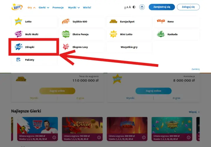 Menu z grami Lotto, zaznaczona opcja "Zdrapki".