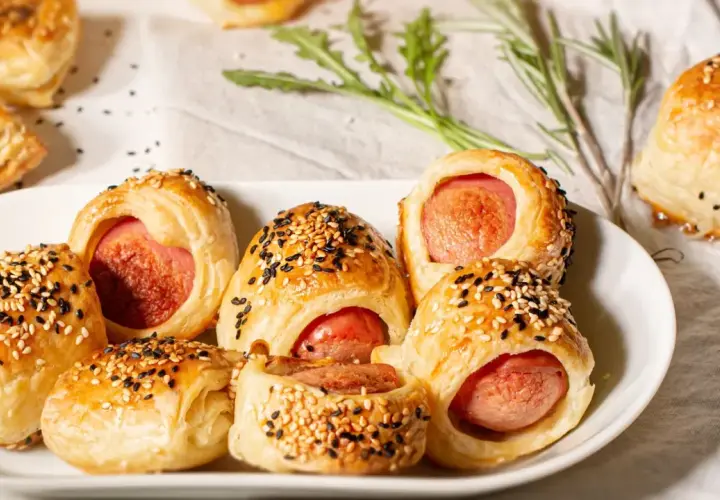 Délicieux feuilleté saucisse, dorés et parsemés de graines de sésame, sur une assiette blanche.