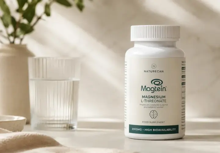 Flacone di Magtein, integratore alimentare di magnesio treonato, accanto a un bicchiere d'acqua e una pianta.