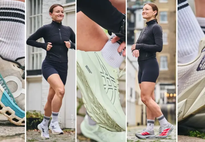 Kobieta w stroju sportowym biegnie, prezentując różne modele butów. Nawet brudne buty sennik mogą oznaczać drogę do celu.