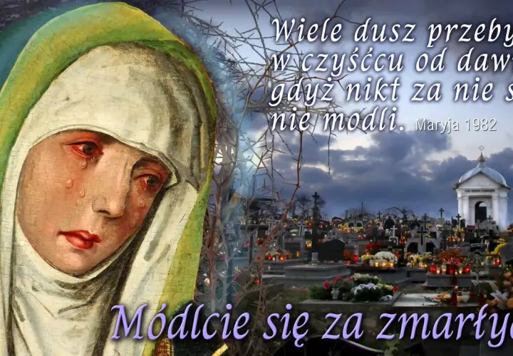 Obraz przedstawia płaczącą Matkę Boską obok cmentarza z grobami i zniczami.