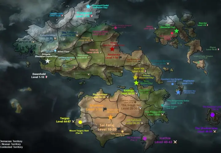 Mapa świata gry MMORPG od Riot Games, ukazująca terytoria Demacii, Noxii i obszary sporne, z nazwami lokacji i poziomami.