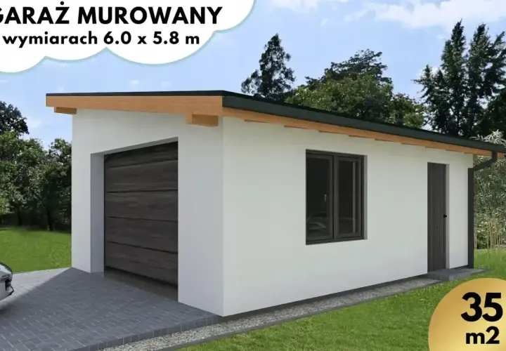 Nowoczesny garaż murowany o wymiarach 6.0 x 5.8 m, z bramą garażową, oknem i drzwiami. Idealny na 35 m² Twoich pojazdów.