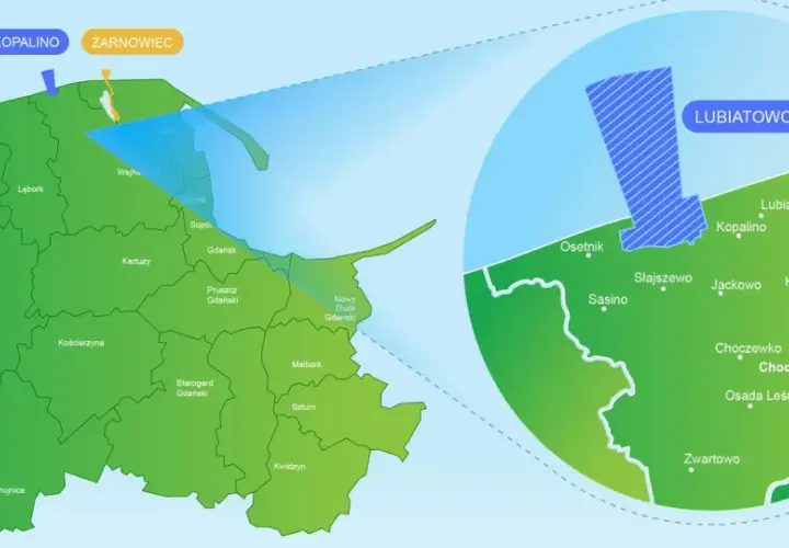 Mapa lokalizacji planowanej elektrowni atomowej w Polsce: Lubiatowo-Kopalino i Żarnowiec.