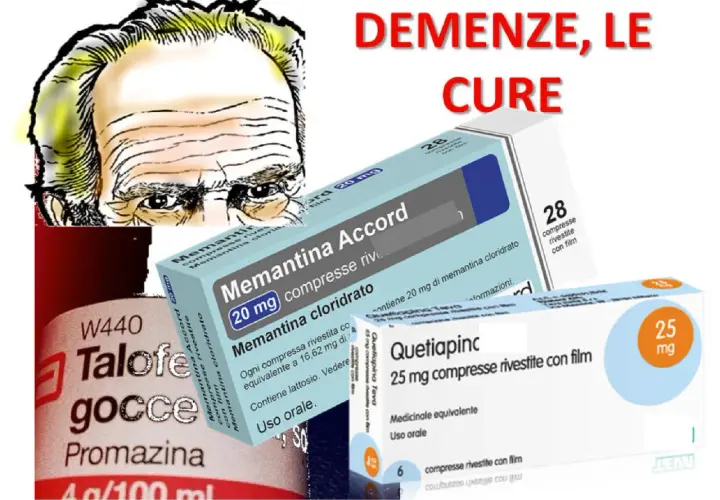 Volto anziano, scatole di farmaci per demenza: Memantina Accord, Quetiapinc e flacone di Talofen gocce.