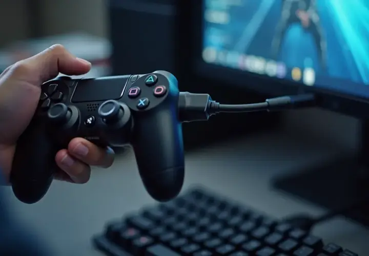 Ręka trzyma pada PS4 podłączonego kablem do komputera. Dowiedz się, jak podłączyć pada PS4 do PC i graj w swoje ulubione tytuły.