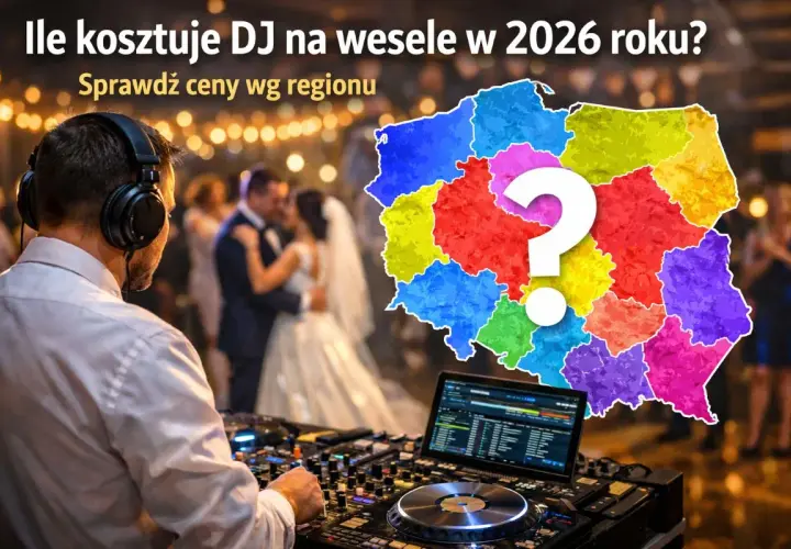 DJ na weselu, mapa Polski podzielona na kolorowe regiony z pytajnikiem.