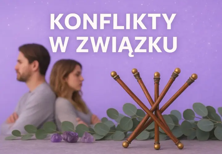 Para zwaśniona, a na pierwszym planie 5 buław tarot symbolizujących konflikty w związku.