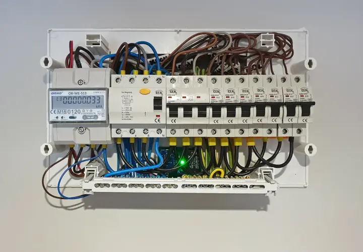 Podłączenie licznika prądu i bezpieczników w rozdzielnicy. Cyfrowy licznik ORNO OR-WE-513 pokazuje zużycie energii.