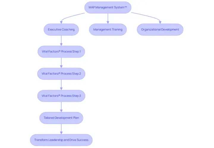 Flowchart of MAP Management System™ outlining Executive Coaching, Management Training, and Organizational Development as pathways to a Tailored Development Plan and ultimately, Transform Leadership and Drive Success. This is a CEO training program.