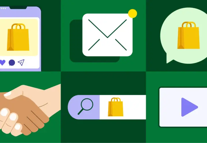 Icônes représentant le marketing cross canal : smartphone, email, bulle de dialogue, poignée de main, barre de recherche, vidéo.