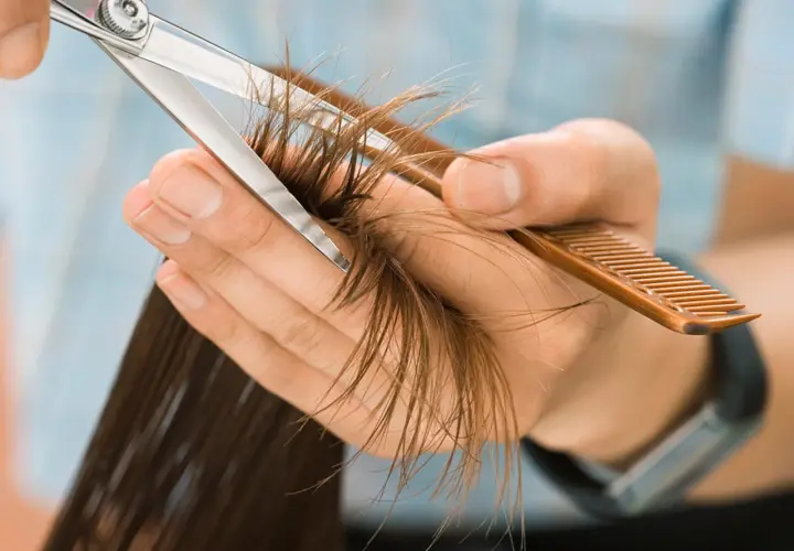 Manos cortando puntas abiertas con tijeras y peine. Pregúntate cada cuanto cortar el pelo para mantenerlo sano.