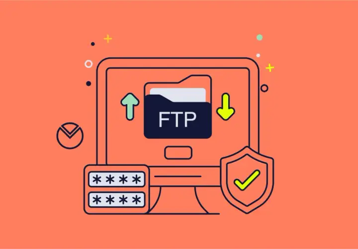 Icono de un ordenador mostrando una carpeta con "FTP", flechas de subida y bajada, un escudo de seguridad y campos de contraseña.