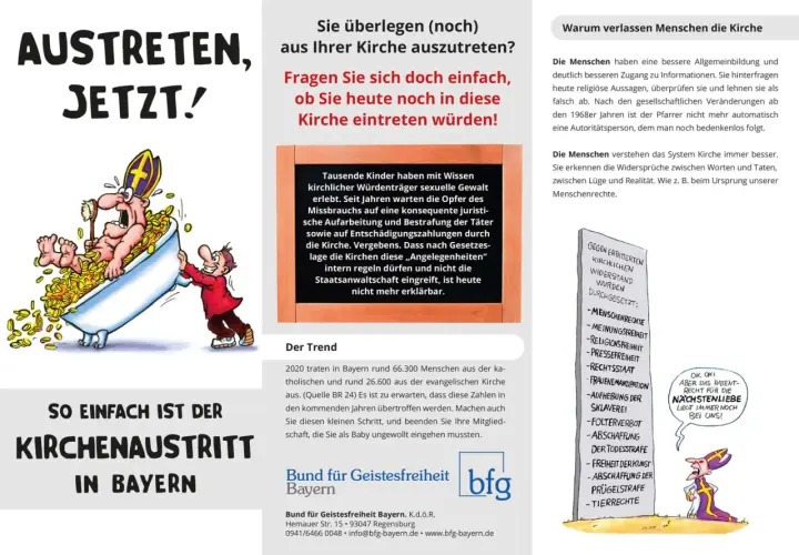 Karikatur zeigt einen Bischof in einer Badewanne voller Goldmünzen, der von einem Mann mit einem roten Mantel geschoben wird. Der Text thematisiert kirchenaustritte katholische kirche.