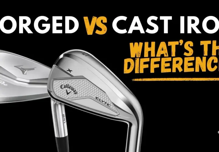 Forged iron vs cast iron golf clubs. A Mizuno Pro forged iron and a Callaway Elyte cast iron club are shown, highlighting their differences.