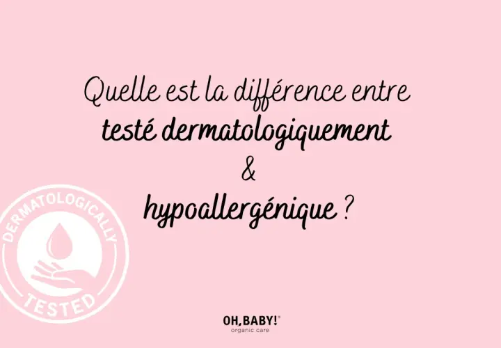 Texte expliquant la différence entre "testé dermatologiquement" et "hypoallergénique". Logo "Dermatologically Tested" à gauche.