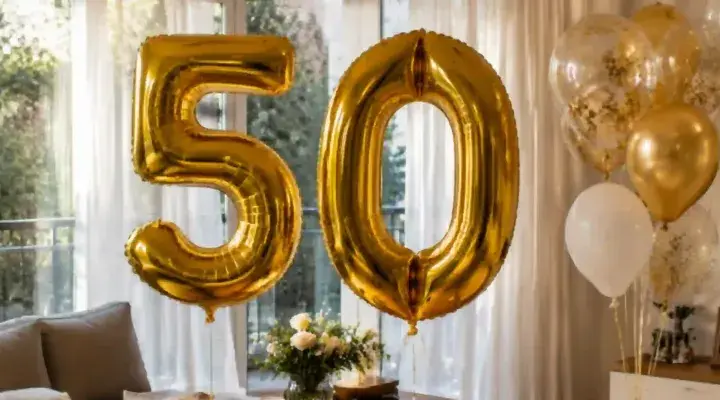 Globos dorados con el número 50, listos para celebrar. ¡Perfectos para encontrar frases divertidas para felicitar 50 cumpleaños!