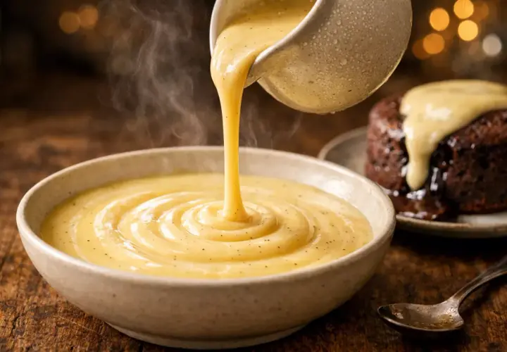 Une sauce crémeuse et fumante, une crème anglaise, est versée dans un bol. Un petit gâteau au chocolat dégouline de cette sauce.