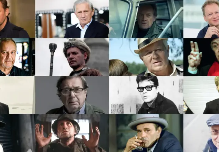 Kolaż portretów znanych polskich aktorów. Wśród nich m.in. Daniel Olbrychski, Jerzy Stuhr, Janusz Gajos.