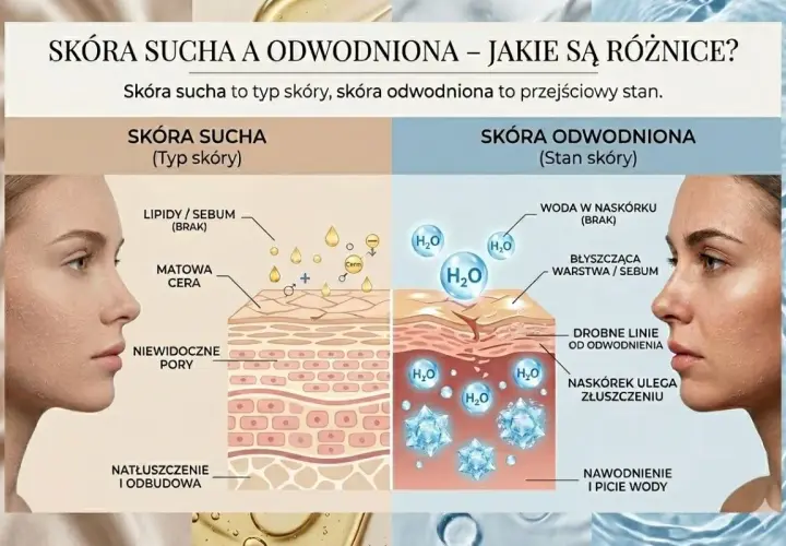 Porównanie skóry suchej i odwodnionej. Ilustracja pokazuje różnice w budowie skóry, podkreślając znaczenie nawodnienia.