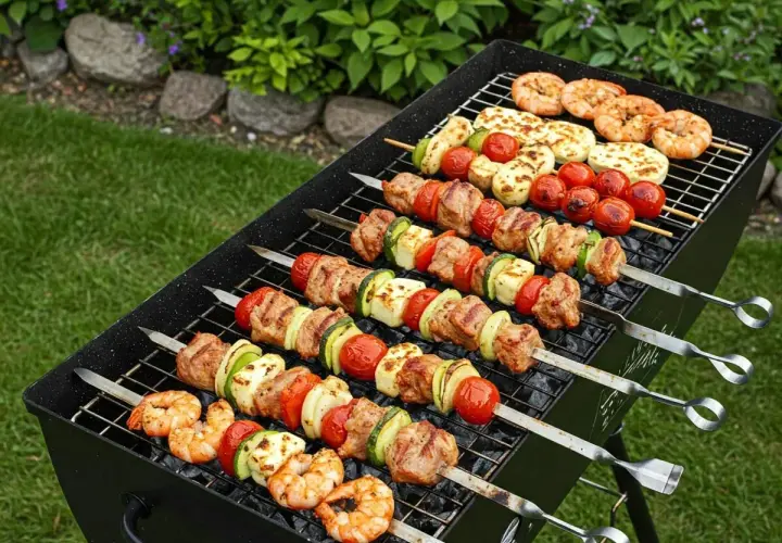 Grill pełen nietypowych dań z grilla: krewetki, ser halloumi, mięso i warzywa na szaszłykach.