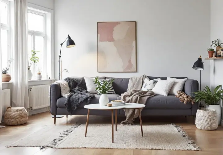 En grå soffa med kuddar och plädar i bohemisk stil. Ett runt soffbord med en vas och en matta med fransar.