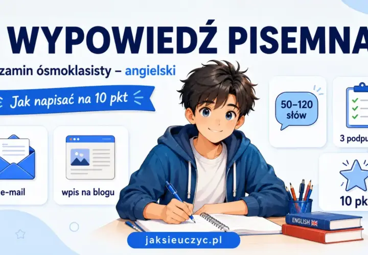 Chłopiec pisze wypracowanie po angielsku na egzamin ósmoklasisty. Poradnik pokazuje, jak zdobyć 10 punktów za e-mail lub wpis na blogu.