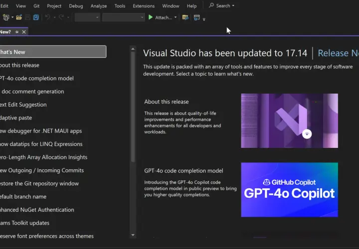 Visual Studio 2022: Update 17.14 mit GPT-4o Copilot für bessere Code-Vervollständigung.
