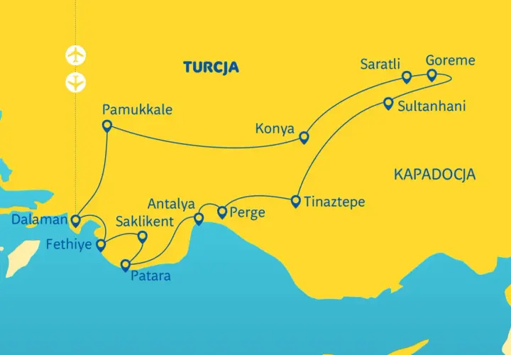 Mapa pokazuje trasę wycieczki objazdowej po Turcji, obejmującą Pamukkale, Konyę, Kapadocję (Göreme, Saratli, Sultanhanı) oraz wybrzeże z Dalamanem, Fethiye, Patarą, Saklikent, Antalyą i Perge.