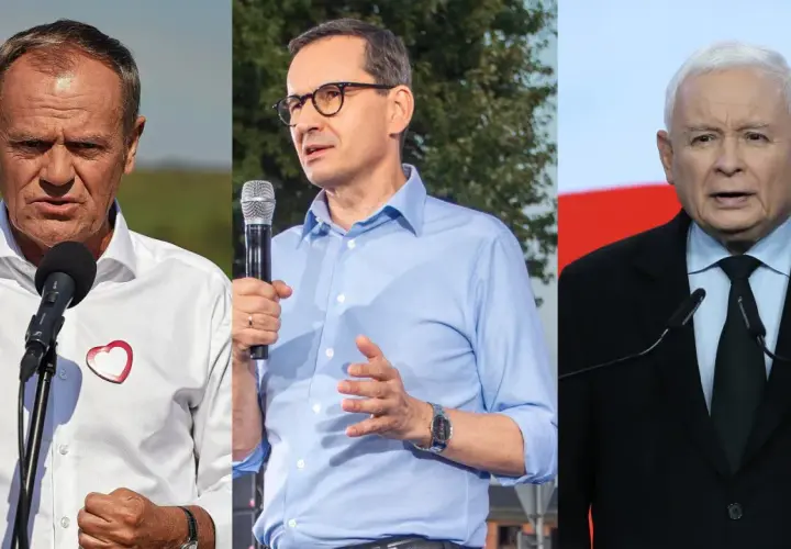 Trzech polityków: Donald Tusk, Mateusz Morawiecki i Jarosław Kaczyński. Choć nie widać tego na zdjęciu, ile wzrostu ma Donald Tusk, to jego postawa jest pewna.