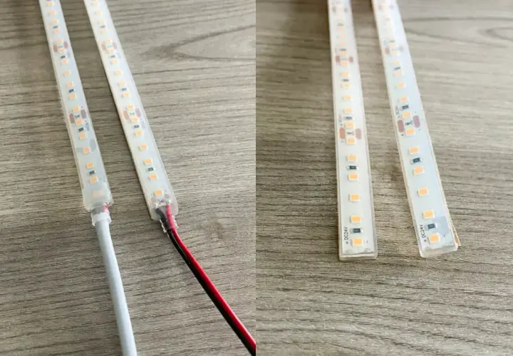Dwie taśmy LED z widocznymi połączeniami i przewodami, jedna z białym kablem, druga z czerwonym i czarnym.