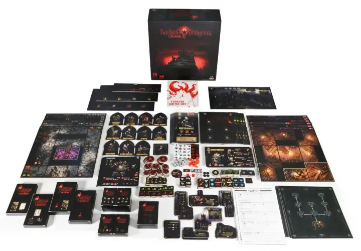 Wszystkie elementy gry planszowej Darkest Dungeon: The Board Game, w tym plansze, karty postaci, żetony i pudełko.