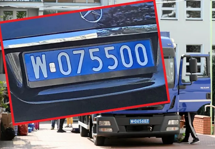 Niebieskie tablice rejestracyjne z numerem W-075500 na samochodzie i W-065607 na ciężarówce.