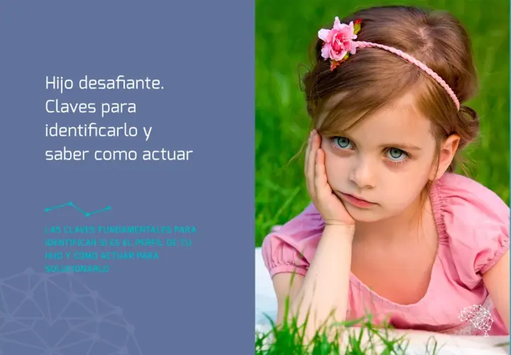 Niña con una diadema de flores y una expresión de **actitud desafiante**, apoyada en su mano. El texto habla de hijos desafiantes.