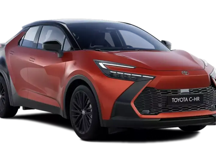 Pomarańczowy Toyota C-HR z czarnym dachem. Sprawdź jego wymiary i nowoczesny design.