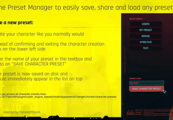 Jak wgrać mody do Cyberpunk 2077: instrukcja tworzenia i zapisywania presetów postaci.