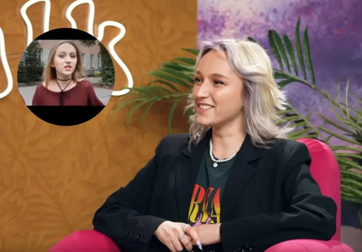 Uśmiechnięta Hania w czarnej marynarce, w okrągłym kadrze widać jej młodsze wcielenie.