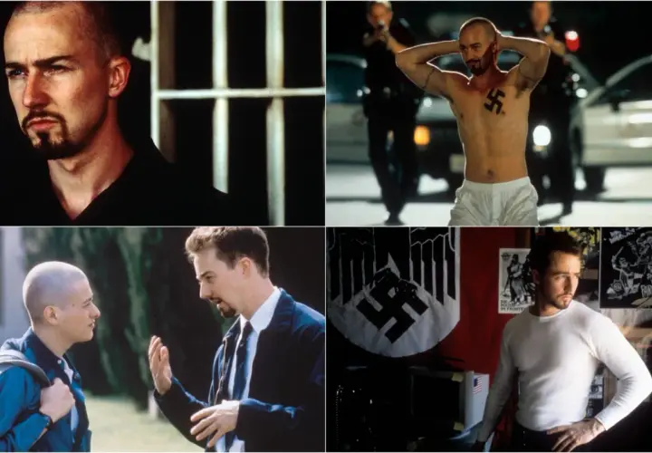 Collage di scene da American History X: Edward Norton nei panni di Derek Vinyard, un ex neonazista, mostra la sua trasformazione.