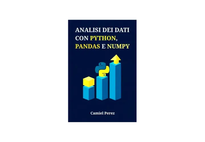 Analisi dati con Python, Pandas e NumPy: un grafico a barre stilizzato con il logo Python e una freccia gialla che indica la crescita.